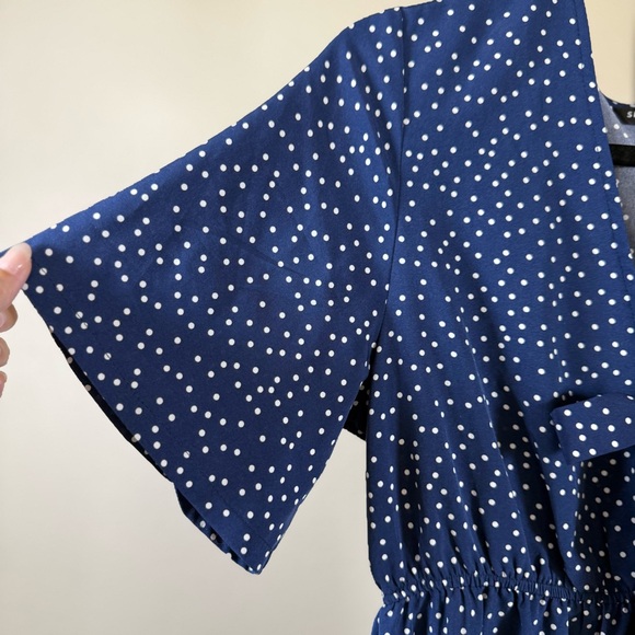 Polka Dot Wrap Dress V Neck Short Sleeve Flowy Midi Large Cottagecore Retro Blue - Picture 4 of 7